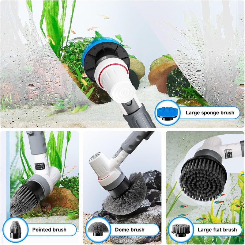 AQQA 8-in-1 Electric Aquarium Cleaning Kit IPX9 Waterproof Cordless Rechargeable Glass Scrubber Handheld Fish Tank Cleaner Powerful Algae Scraper & Cleaning Brush Set (Grey) - Image 4